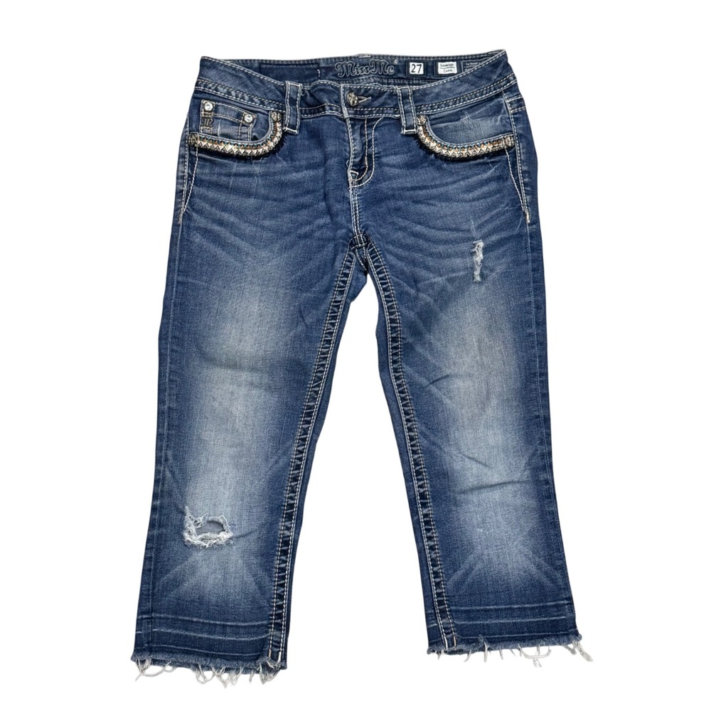 Miss Me Signature Capri Jeans Womens 27 Blue Good Distressed Rhinestone JP7675P
